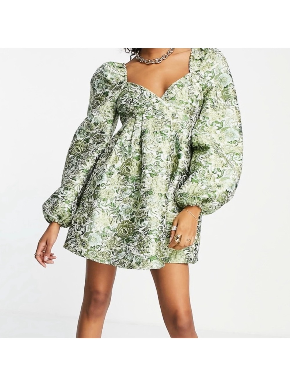 ASOS EDITION Green Floral Jacquard Puff Sleeve Babydoll Mini Dress